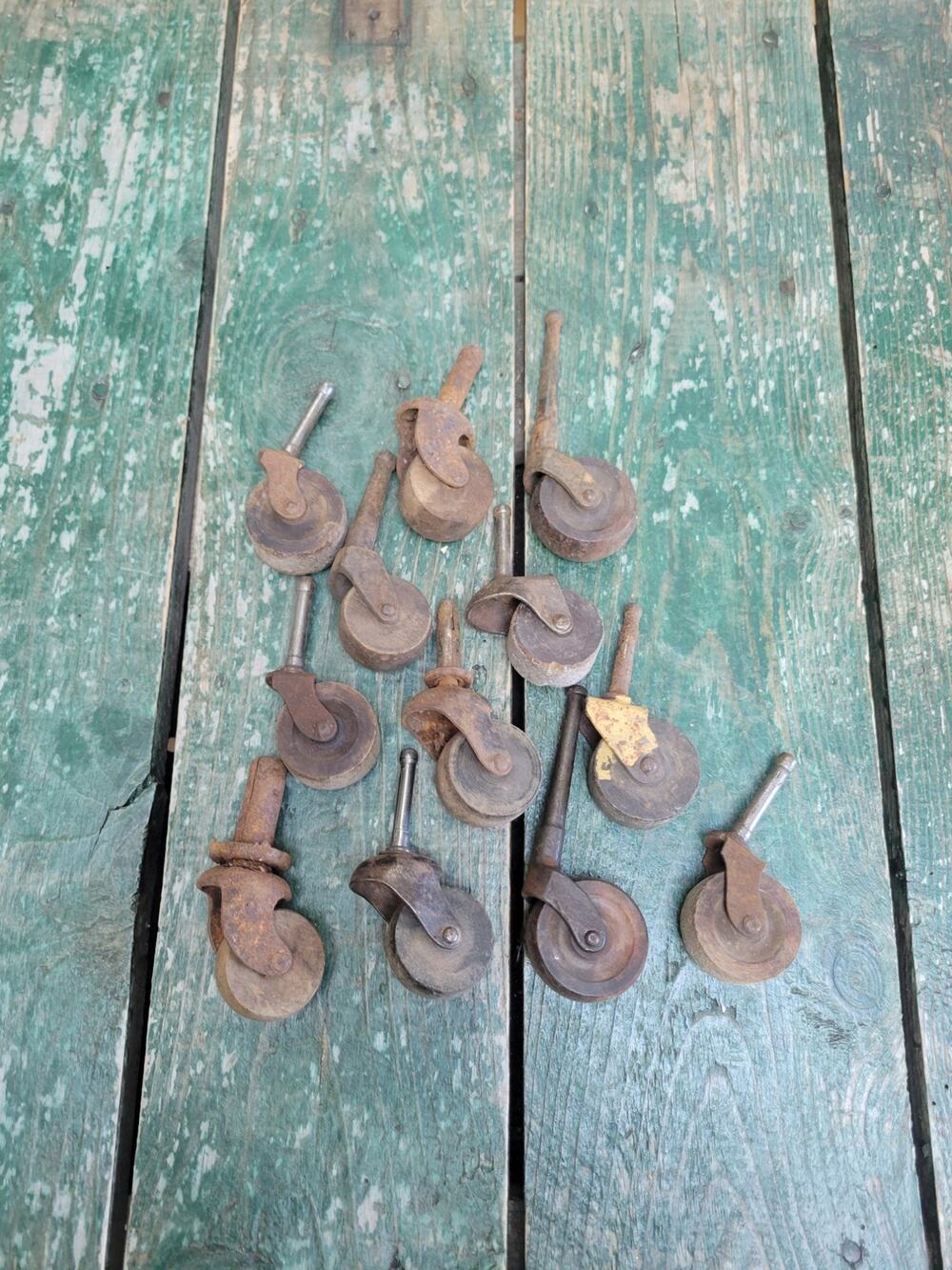 Antique Wooden Caster Wheels Cast Iron Restoration Lot of 12 Salvage As Is